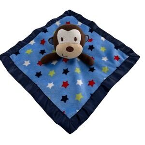 Garanimals Monkey Plush Lovey Security Blanket 12" Blue Star Satin Trim Boy